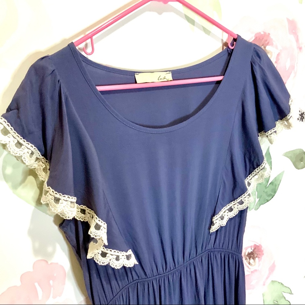 Lush Blue Ruffle Dress Cream Bow Lace Soft Large - Picture 6 of 7